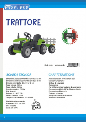 17441713547382-espidkotrattoreelettrico12v7ahconrimorchiocoloreverdemis137x50x52cmaccensioneconeffettisonorirealiclacsonfunzionanteretromarciafariledanterioririmorchiostaccabileportatamassima30kgduratabatterie1ora